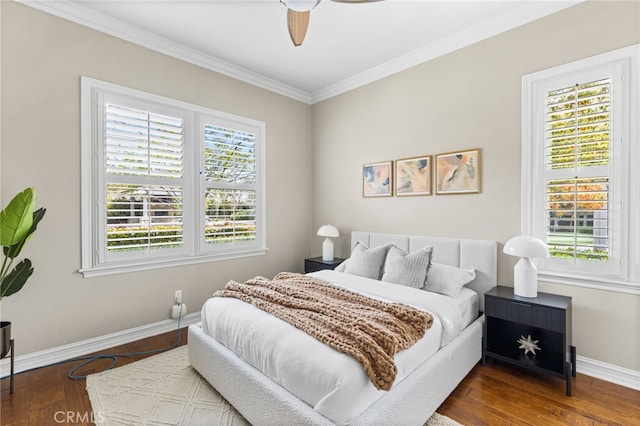 19103 Green Oaks Rd, Yorba Linda, CA 92886 - bedroom featuring crown molding, dark wood-style flooring, and ceiling fan