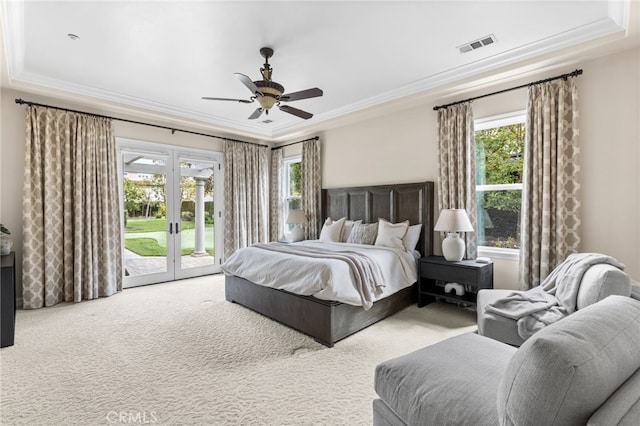 19103 Green Oaks Rd, Yorba Linda, CA 92886 - bedroom featuring access to exterior, carpet flooring, crown molding, french doors, and a ceiling fan