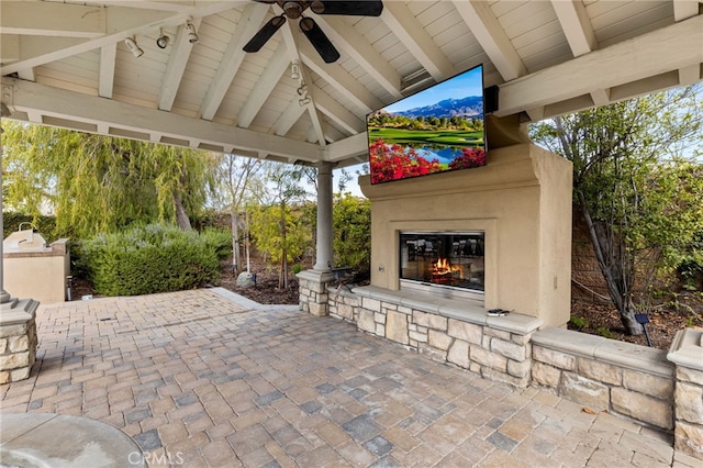 19103 Green Oaks Rd, Yorba Linda, CA 92886 - view of patio / terrace featuring a glass covered fireplace, ceiling fan, and area for grilling