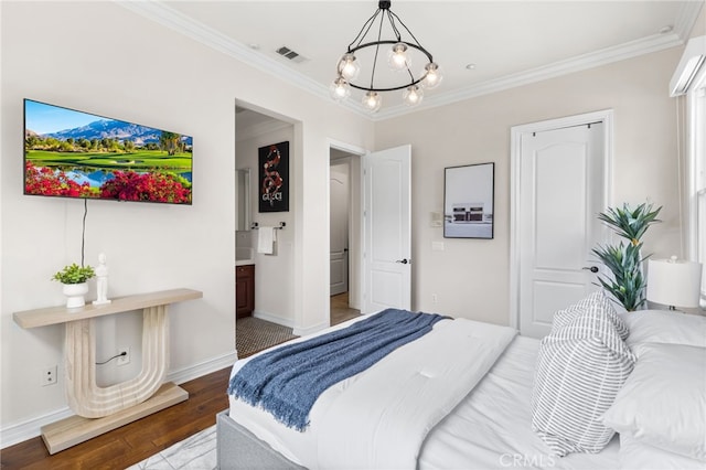 19103 Green Oaks Rd, Yorba Linda, CA 92886 - bedroom with a chandelier, ornamental molding, and wood finished floors