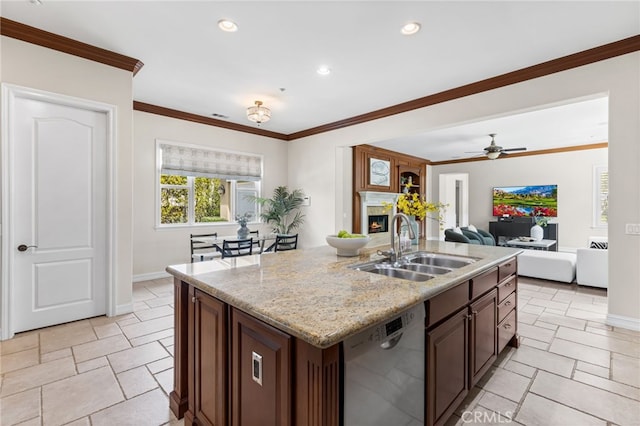 19103 Green Oaks Rd, Yorba Linda, CA 92886 - kitchen with dishwasher, a kitchen island with sink, recessed lighting, open floor plan, and ceiling fan