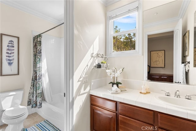 19103 Green Oaks Rd, Yorba Linda, CA 92886 - bathroom featuring vanity, shower / bath combination with curtain, crown molding, and tile patterned floors