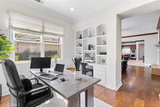 19103 Green Oaks Rd, Yorba Linda, CA 92886 - home office featuring hardwood / wood-style floors, ornamental molding, and recessed lighting