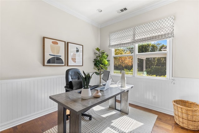 19103 Green Oaks Rd, Yorba Linda, CA 92886 - office space featuring a wainscoted wall, wood-type flooring, and crown molding