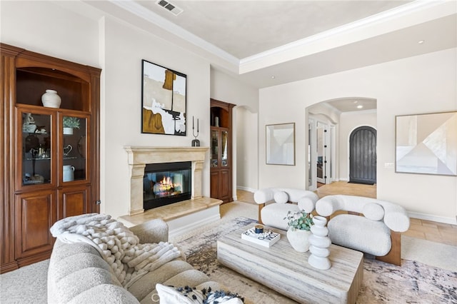 19103 Green Oaks Rd, Yorba Linda, CA 92886 - living room featuring arched walkways, a fireplace, and ornamental molding