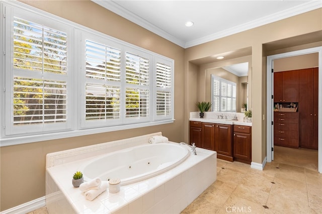 19103 Green Oaks Rd, Yorba Linda, CA 92886 - full bathroom with vanity, a whirlpool tub, crown molding, tile patterned flooring, and recessed lighting
