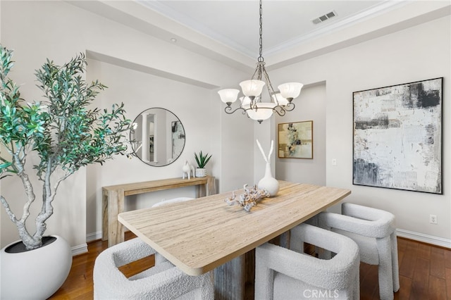 19103 Green Oaks Rd, Yorba Linda, CA 92886 - dining space with a chandelier, dark wood-type flooring, and crown molding
