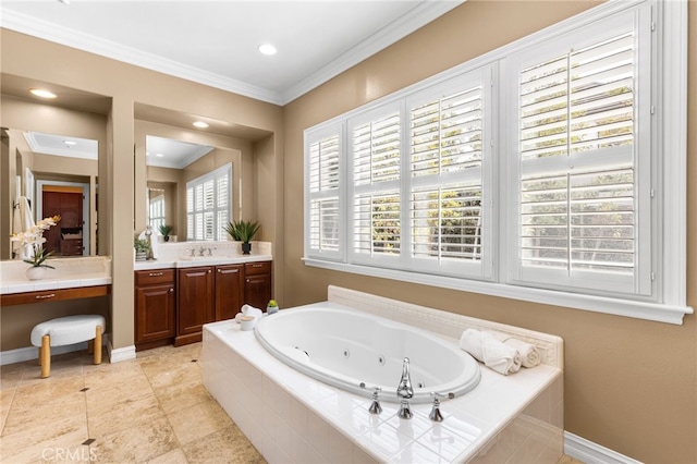 19103 Green Oaks Rd, Yorba Linda, CA 92886 - full bathroom with vanity, a tub with jets, ornamental molding, tile patterned flooring, and recessed lighting