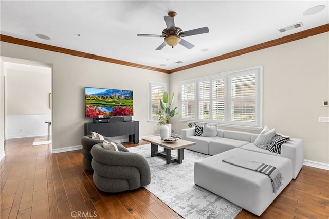 19103 Green Oaks Rd, Yorba Linda, CA 92886 - living area with ornamental molding, wood-type flooring, and ceiling fan