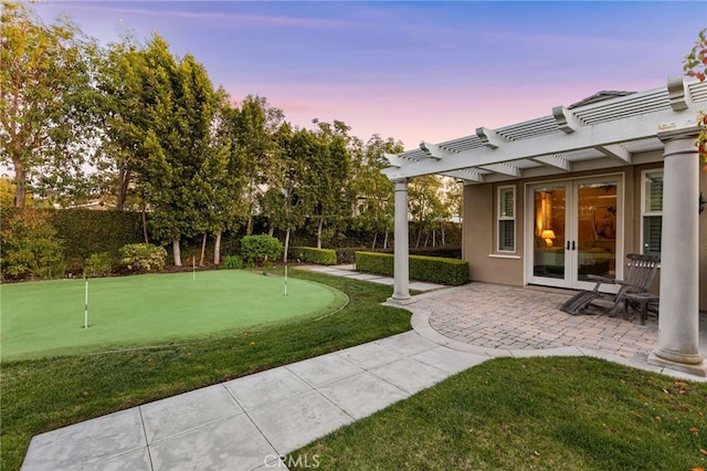 19103 Green Oaks Rd, Yorba Linda, CA 92886 - view of yard with french doors, a putting green, a pergola, and a patio area