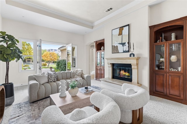 19103 Green Oaks Rd, Yorba Linda, CA 92886 - living area featuring crown molding, a fireplace, and arched walkways