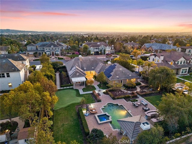 19103 Green Oaks Rd, Yorba Linda, CA 92886 - aerial view at dusk of a residential view and view of pool