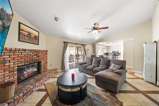 32642 Durango Ct, Wildomar, CA 92595 - living area featuring vaulted ceiling, inlaid floor details, a brick fireplace, a ceiling fan, and baseboards
