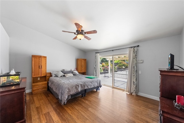 32642 Durango Ct, Wildomar, CA 92595 - bedroom featuring lofted ceiling, access to exterior, wood finished floors, baseboards, and a ceiling fan