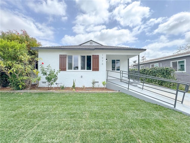 1976 E 112th St, Los Angeles, CA 90059 - view of front of house with a front lawn, a porch, crawl space, and stucco siding