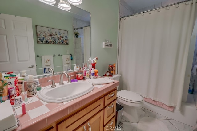 4002 Camerino St, Lakewood, CA 90712 - bathroom featuring vanity, toilet, tile patterned floors, and shower / tub combo with curtain