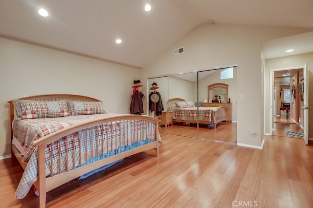 4002 Camerino St, Lakewood, CA 90712 - bedroom with wood finished floors, recessed lighting, baseboards, high vaulted ceiling, and a closet