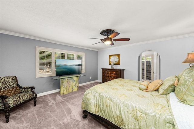 1738 N Ukiah Way, Upland, CA 91784 - carpeted bedroom featuring arched walkways, crown molding, baseboards, and ceiling fan