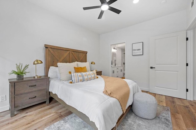 3581 Cameo Dr Unit 35, Oceanside, CA 92056 - bedroom with wood finished floors, ensuite bath, and a ceiling fan