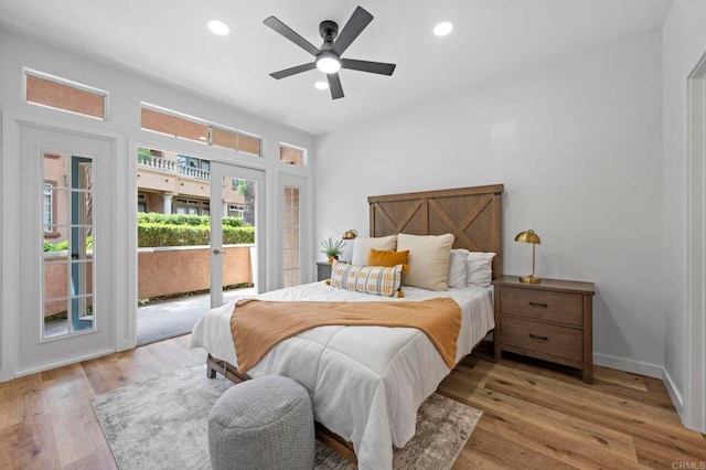 3581 Cameo Dr Unit 35, Oceanside, CA 92056 - bedroom featuring access to exterior, wood finished floors, recessed lighting, and ceiling fan