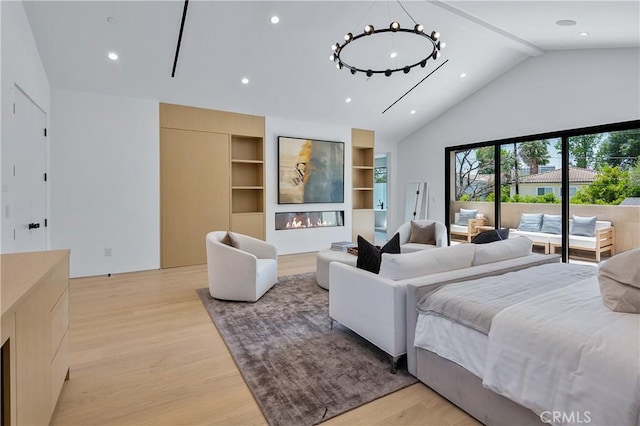 16828 Otsego St, Encino, CA 91436 - bedroom with light wood-style floors, access to outside, high vaulted ceiling, and recessed lighting