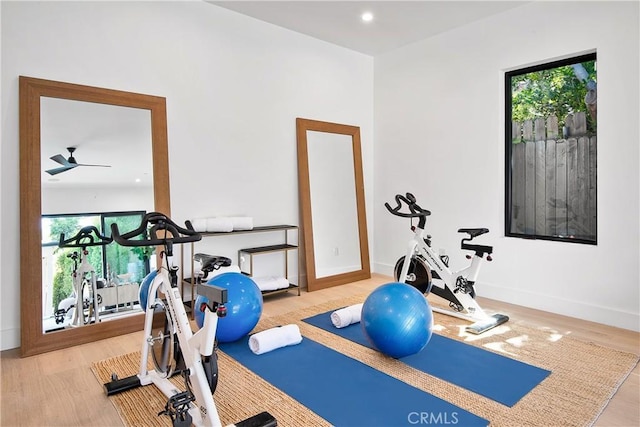 16828 Otsego St, Encino, CA 91436 - workout room featuring plenty of natural light, wood finished floors, baseboards, and a ceiling fan