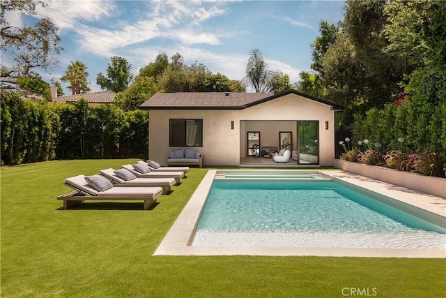 16828 Otsego St, Encino, CA 91436 - rear view of house with an outdoor pool, stucco siding, and outdoor lounge area
