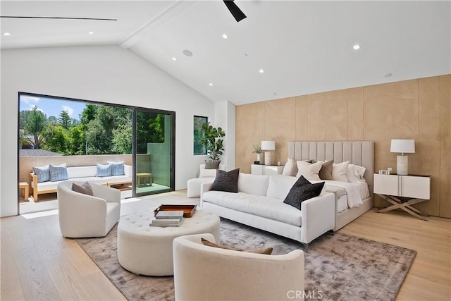 16828 Otsego St, Encino, CA 91436 - bedroom featuring high vaulted ceiling, access to exterior, light wood-type flooring, and recessed lighting