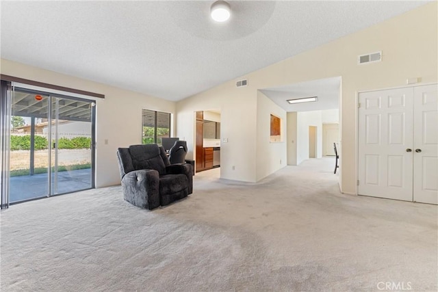 42330 61st St W, Lancaster, CA 93536 - living area featuring lofted ceiling, light carpet, and a textured ceiling