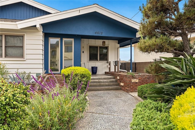 4612 W 132nd St, Hawthorne, CA 90250 - view of exterior entry with a porch and board and batten siding