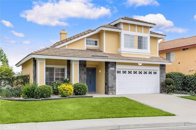 14121 Exeter Ct, Fontana, CA 92336 - view of front of home with an attached garage, a chimney, a front lawn, driveway, and stone siding