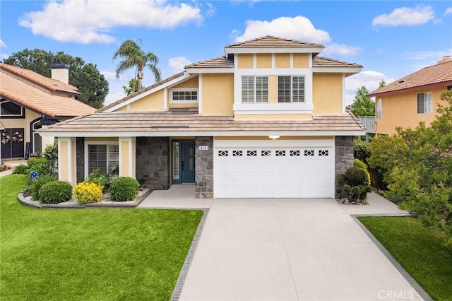14121 Exeter Ct, Fontana, CA 92336 - view of front of house with driveway, a front lawn, an attached garage, and stone siding