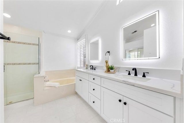 14121 Exeter Ct, Fontana, CA 92336 - full bath with a garden tub, double vanity, a stall shower, crown molding, and tile patterned flooring