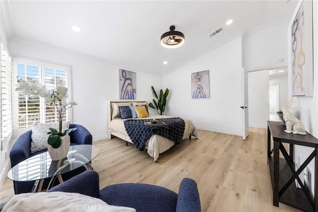 14121 Exeter Ct, Fontana, CA 92336 - bedroom featuring crown molding, lofted ceiling, light wood-style flooring, baseboards, and recessed lighting