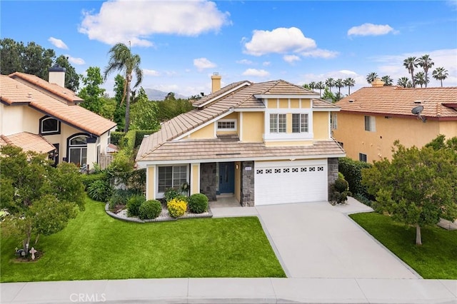 14121 Exeter Ct, Fontana, CA 92336 - view of front of property featuring a garage, a chimney, concrete driveway, stone siding, and a tile roof