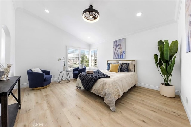 14121 Exeter Ct, Fontana, CA 92336 - bedroom with vaulted ceiling, baseboards, crown molding, light wood finished floors, and recessed lighting