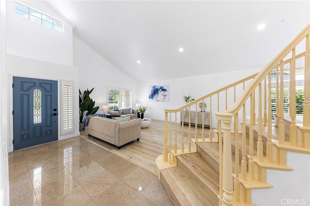 14121 Exeter Ct, Fontana, CA 92336 - entrance foyer featuring high vaulted ceiling, baseboards, granite floors, recessed lighting, and stairway