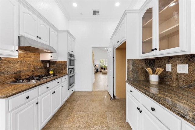 14121 Exeter Ct, Fontana, CA 92336 - kitchen featuring under cabinet range hood, stainless steel appliances, granite floors, glass insert cabinets, and dark stone countertops