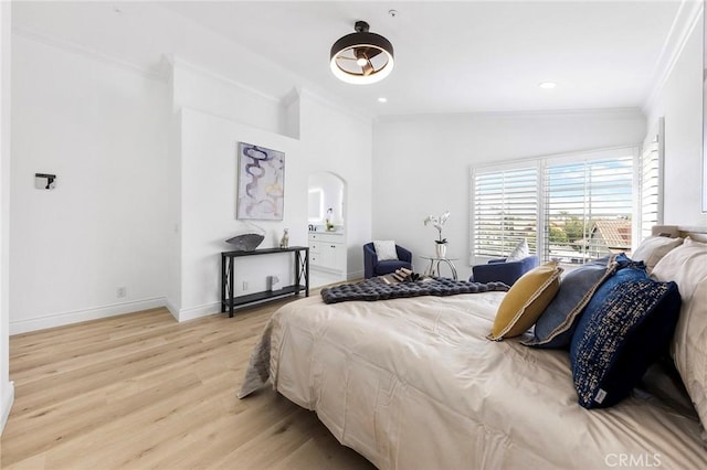 14121 Exeter Ct, Fontana, CA 92336 - bedroom with ornamental molding, light wood-style flooring, baseboards, recessed lighting, and lofted ceiling