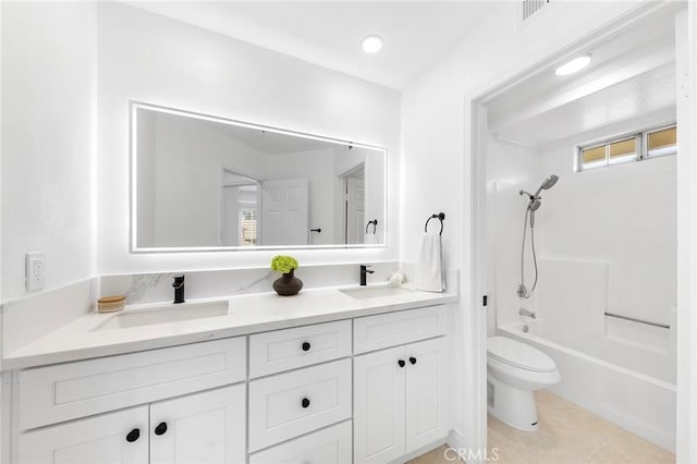 14121 Exeter Ct, Fontana, CA 92336 - bathroom featuring double vanity, toilet, shower / bath combination, and tile patterned floors