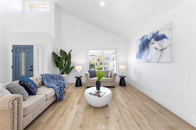 14121 Exeter Ct, Fontana, CA 92336 - living area with high vaulted ceiling, baseboards, wood finished floors, and ornamental molding