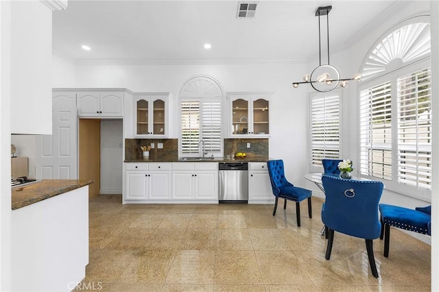 14121 Exeter Ct, Fontana, CA 92336 - kitchen featuring dishwasher, dark countertops, crown molding, glass insert cabinets, and a sink