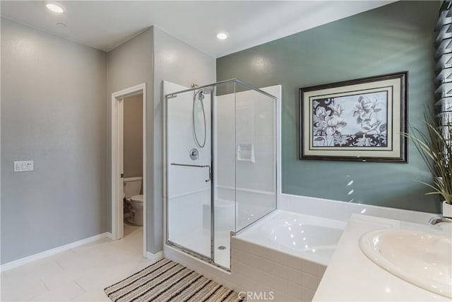 29042 Botanical Cir, Menifee, CA 92584 - bathroom featuring toilet, a stall shower, a sink, and a garden tub