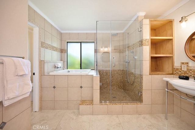 25570 Fuerte Rd, Temecula, CA 92590 - bathroom with crown molding, a bath, a shower stall, and a sink