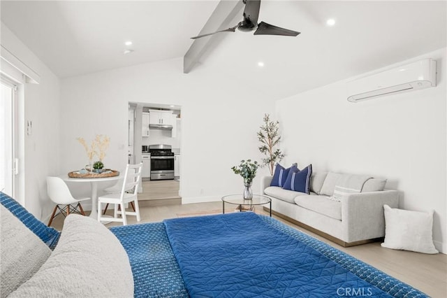 453 N Walker Ave, San Pedro, CA 90732 - living room with light wood-style flooring, a wall mounted AC, ceiling fan, and baseboards