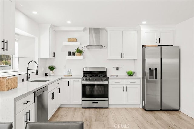 453 N Walker Ave, San Pedro, CA 90732 - kitchen featuring stainless steel appliances, wall chimney range hood, a sink, white cabinets, and light countertops