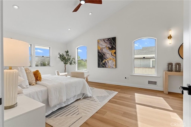 2011 Reynosa Dr, Torrance, CA 90501 - bedroom with light wood-type flooring, recessed lighting, baseboards, high vaulted ceiling, and ceiling fan