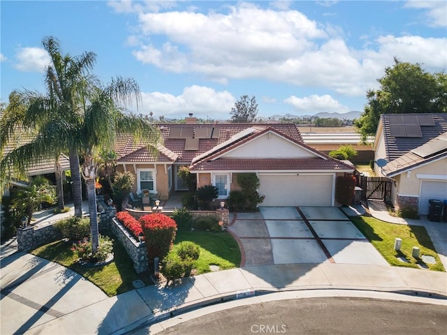 27141 Calle Ayrton, Menifee, CA 92586 - view of front facade featuring a tile roof, an attached garage, a chimney, concrete driveway, and stucco siding