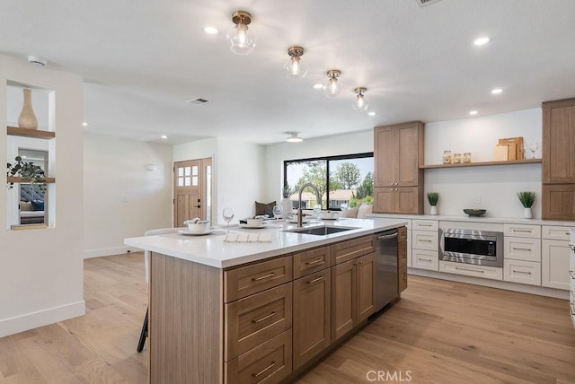 1932 Chapman Rd, Claremont, CA 91711 - kitchen featuring a sink, appliances with stainless steel finishes, open shelves, light countertops, and a kitchen island with sink
