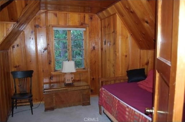 29053 Cedar Ter, Lake Arrowhead, CA 92321 - carpeted bedroom with vaulted ceiling and wooden walls